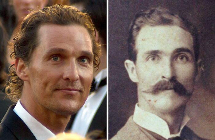 Side-by-side photo of a modern celebrity and his historical lookalike, highlighting celebrity lookalikes from the past.