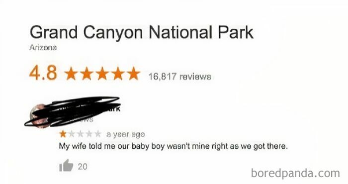 Screenshot of a funny and ridiculous 1-star review for Grand Canyon National Park with a humorous complaint.