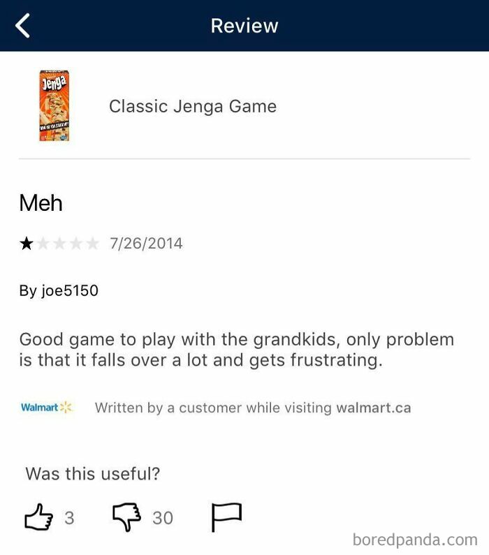 Screenshot of a funny one-star review for Classic Jenga Game showing a humorous customer complaint and ratings.