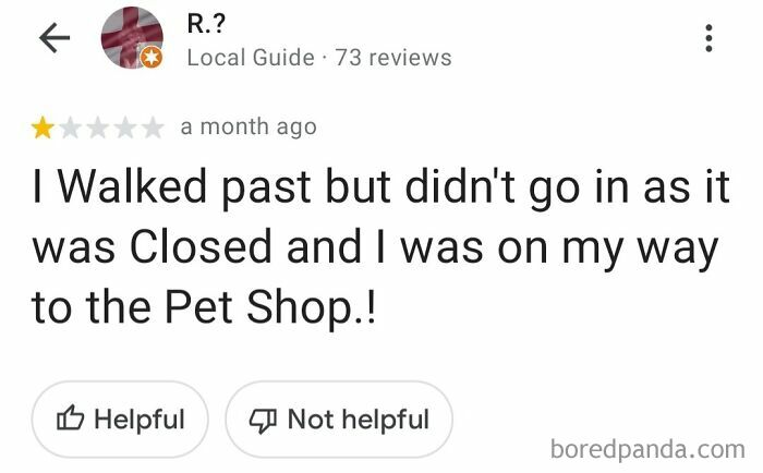 Screenshot of a funny and ridiculous 1-star review where the user criticizes a business for being closed.