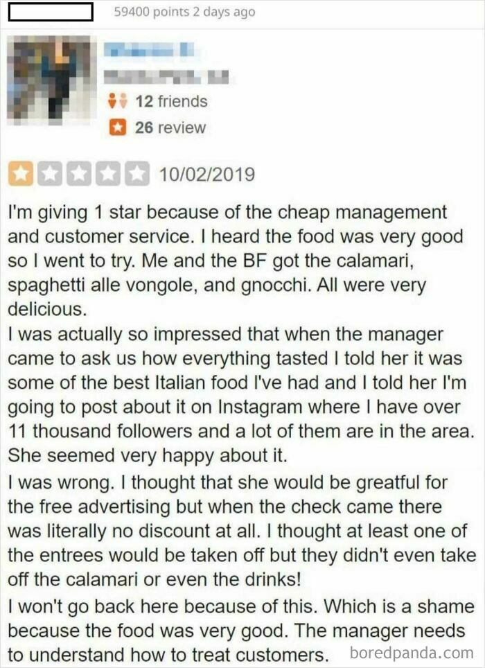 Screenshot of a funny and ridiculous 1-star review criticizing management despite praising the food quality.