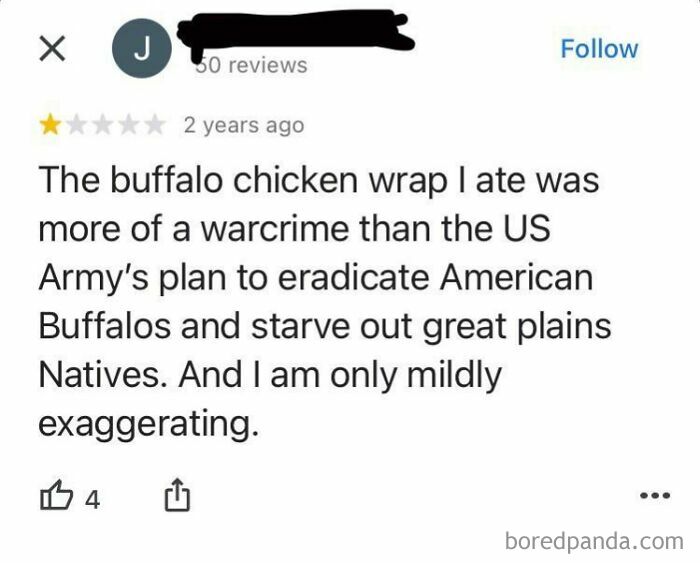 Funny and ridiculous 1-star review comparing a buffalo chicken wrap to a US Army war crime plan, showing creative complaints.