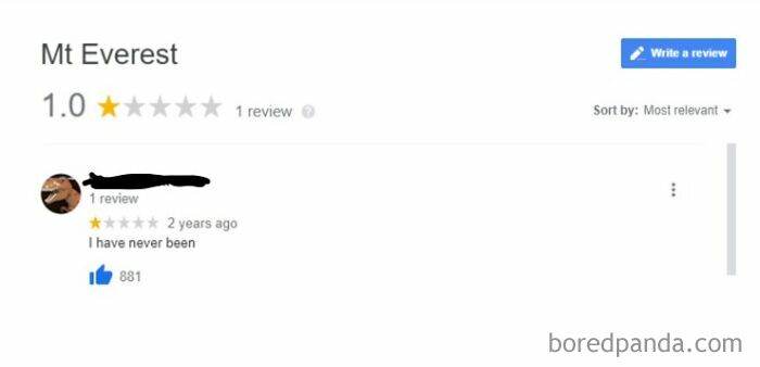 Screenshot of a funny and ridiculous 1-star review for Mt Everest saying I have never been.