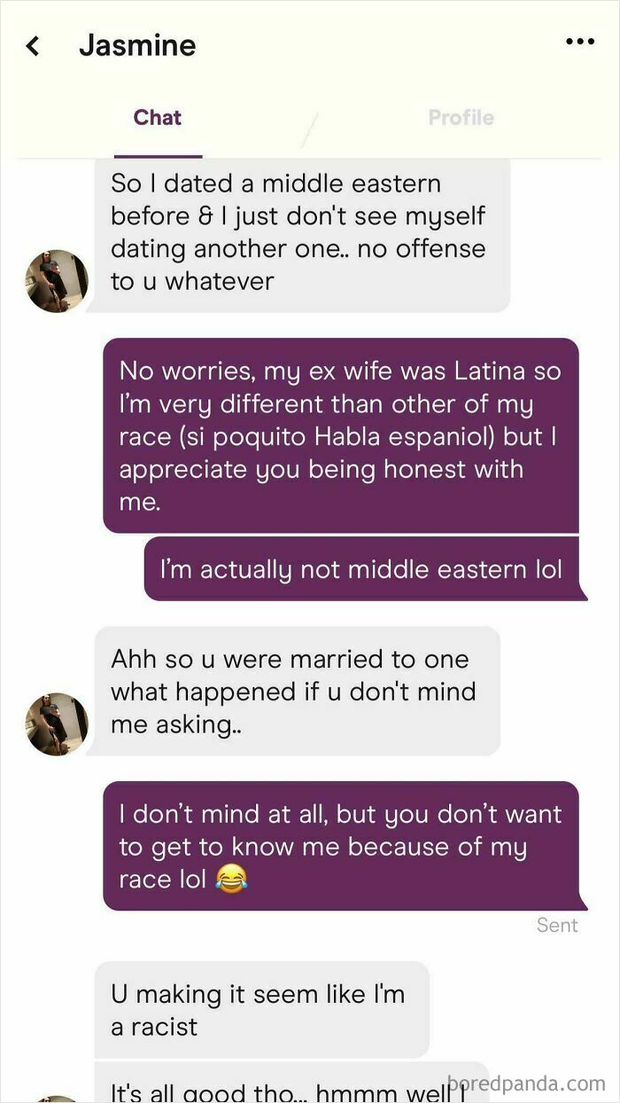 Chat conversation showing online interaction where a woman is called out for delusional behavior related to race and dating preferences.