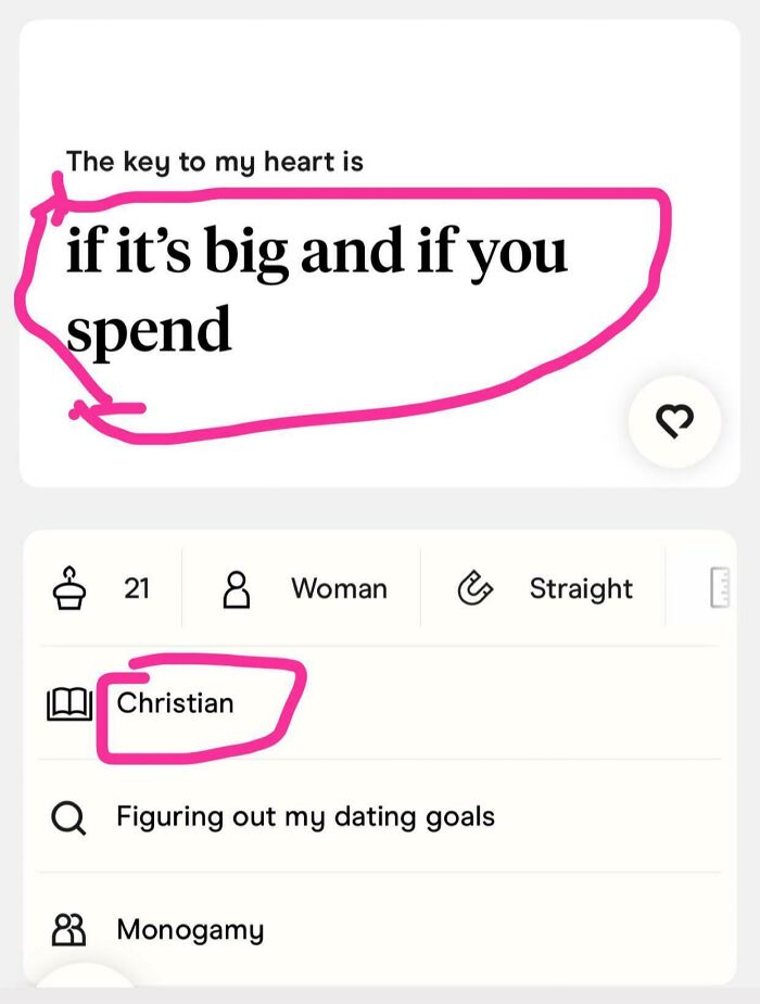 Screenshot of a dating profile with text showing delusional and crazy behavior highlighted in pink.