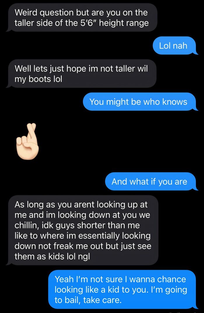Text message exchange showing delusional and crazy behavior from a woman called out online for height concerns.