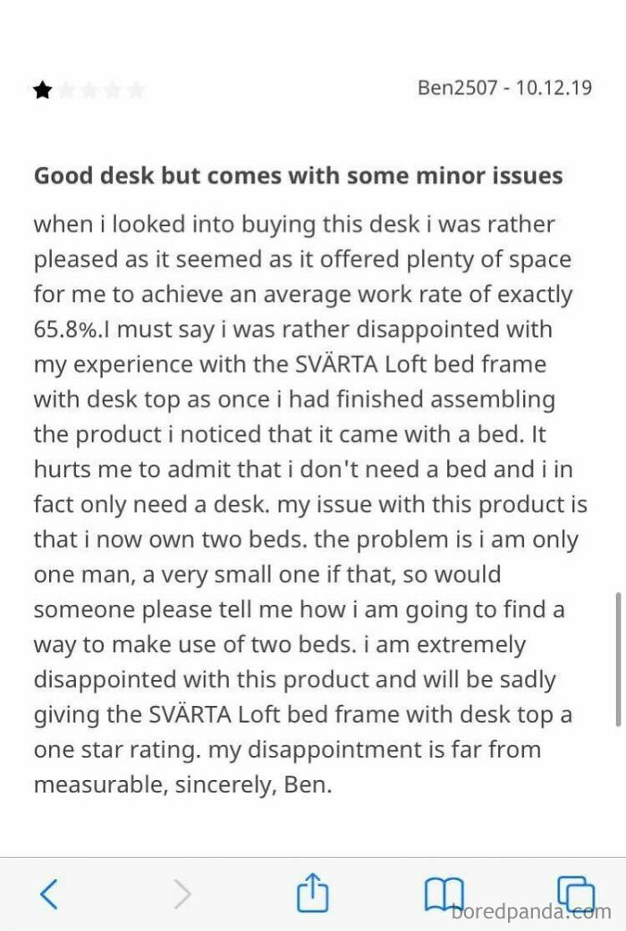 One-star funny and ridiculous reviews about a desk that unexpectedly came with a bed, causing confusion and disappointment.