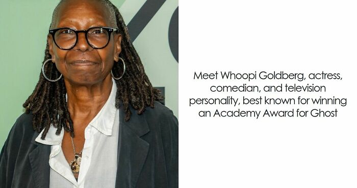 Whoopi Goldberg smiling at an event, wearing glasses and a black jacket, highlighting bio and career highlights.
