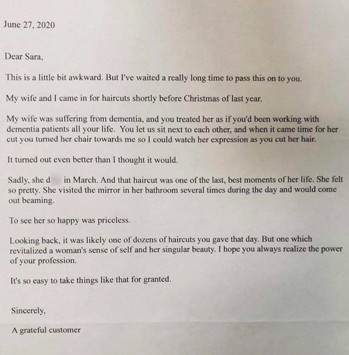 Thank you letter showing faith in humanity restored through kindness to a dementia patient at a salon.