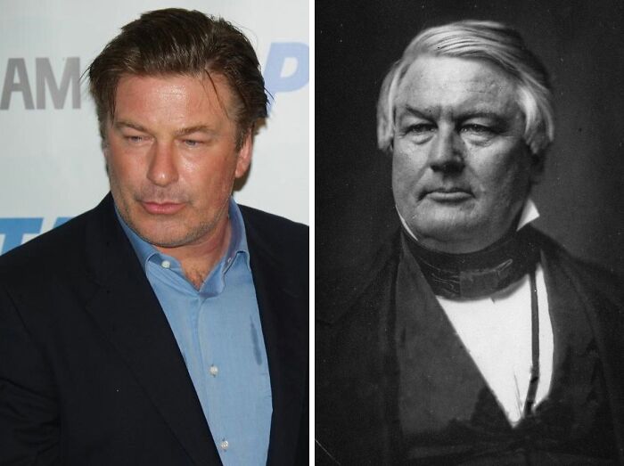 Side-by-side images of a modern celebrity and his historical lookalike showcasing celebrity lookalikes from the past.