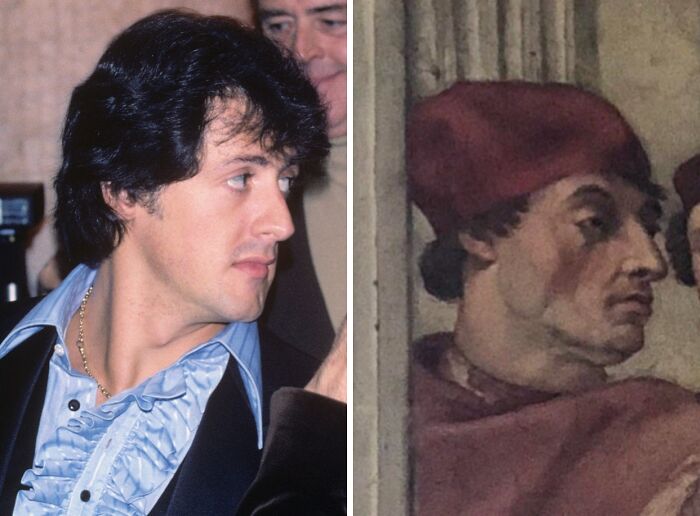 Sylvester Stallone next to a historical painting of a man wearing a red cap, showing celebrity lookalikes from the past.