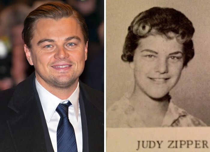 Leonardo DiCaprio next to a vintage black-and-white photo of his historical lookalike, highlighting celebrity lookalikes.