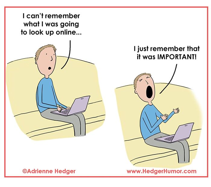 Parent struggling to remember important online task, capturing relatable joys and struggles of raising kids in comic style.