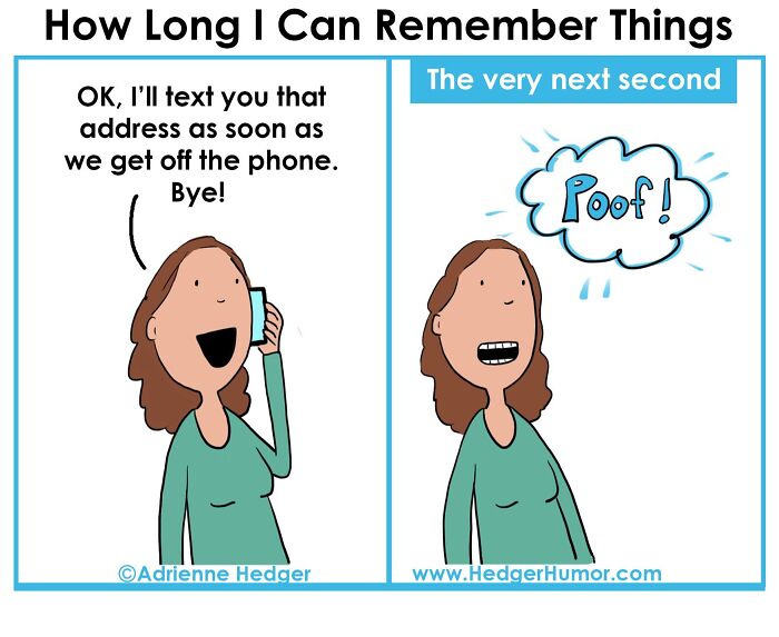 Comic depicting the relatable struggles of raising kids, showing forgetfulness right after a phone conversation.
