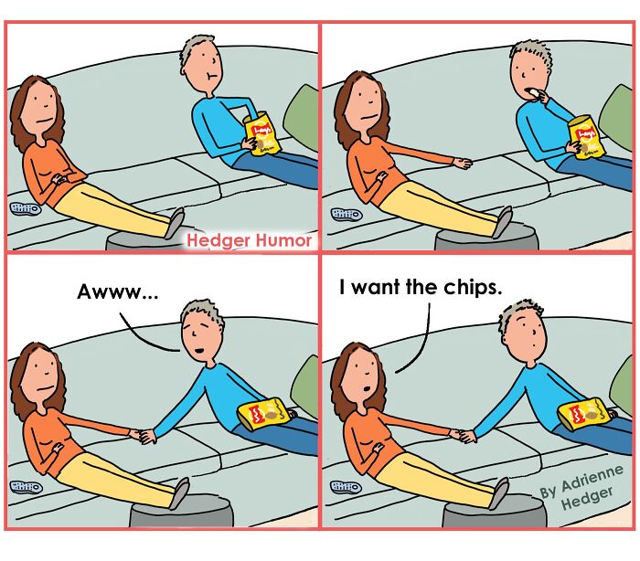 Couple sharing a humorous moment on the couch illustrating relatable comics about the joys and struggles of raising kids.