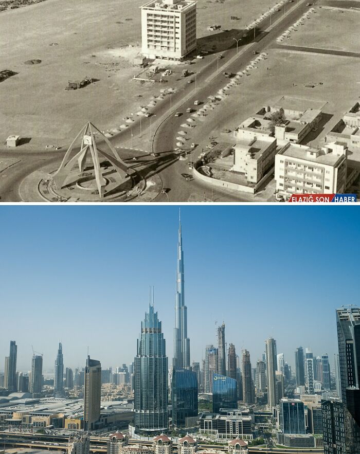 Then vs now photos of famous cities showing dramatic glow-ups with urban development and modern skyscrapers.