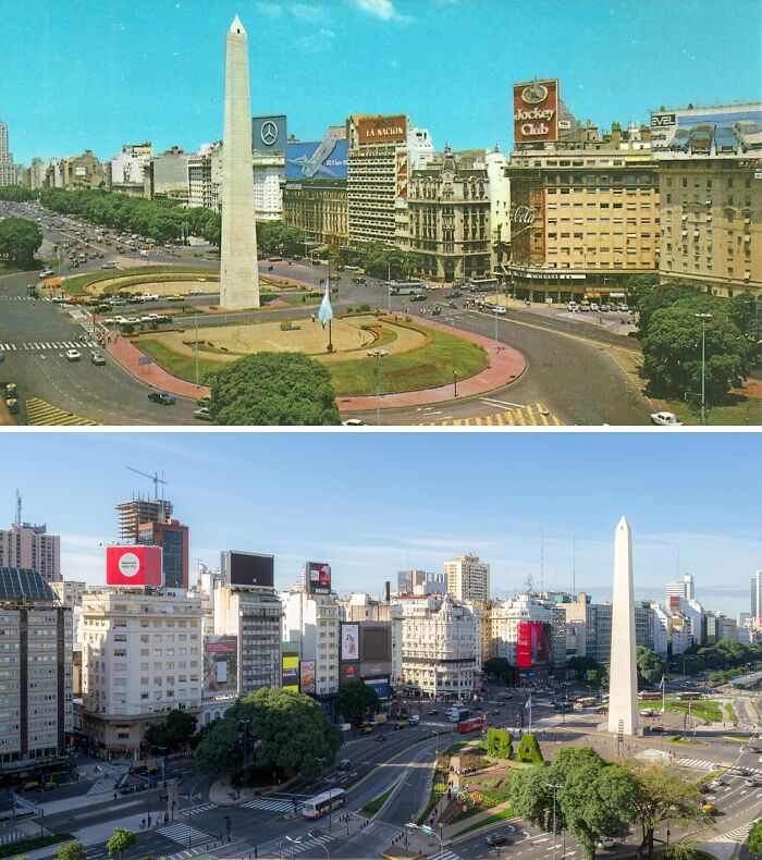 Then vs now photos of a famous city showing the iconic obelisk and urban development in a major metropolitan area.