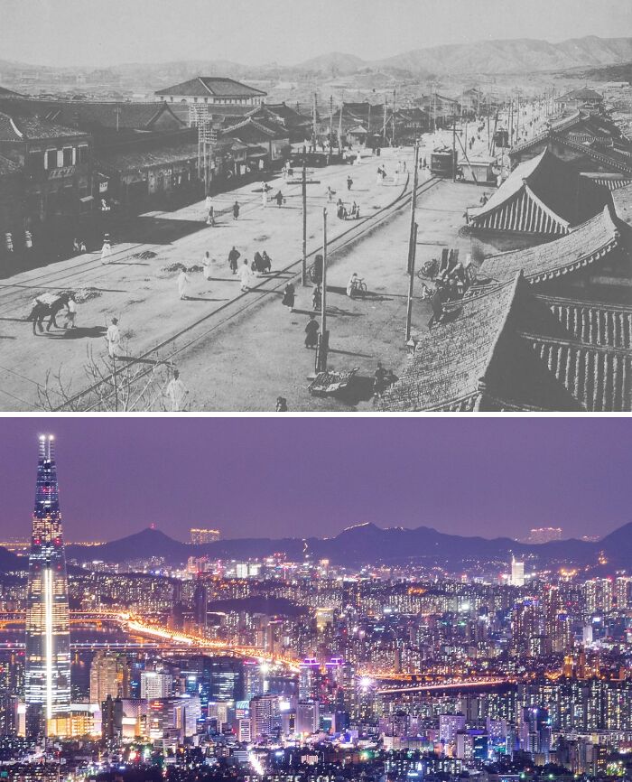 Then and now photos showing the glow-up of a famous city from traditional streets to a modern illuminated skyline.