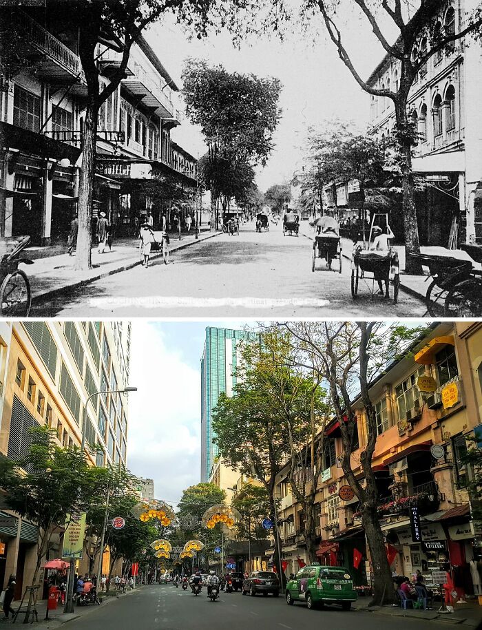 Then vs now photos showing dramatic glow-ups of a famous city street with modern buildings and busy traffic.