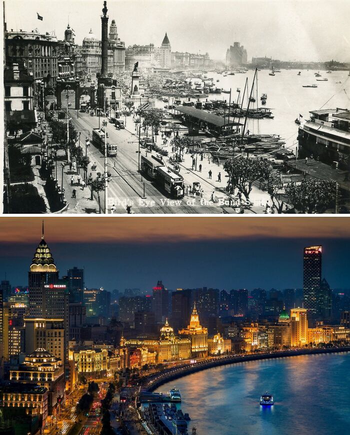 Then vs now photos showing glow-ups of a famous city skyline along a waterfront at day and night.