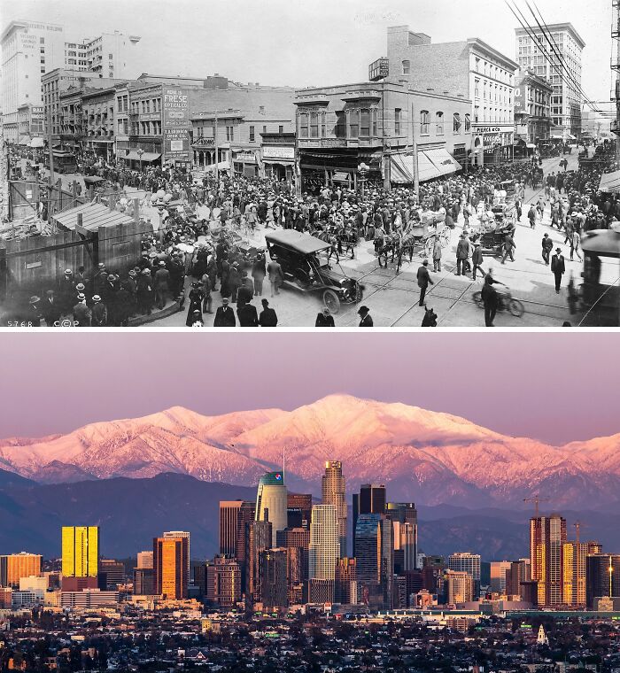 Then vs now photos of famous cities showing historic street view and modern skyline with mountains in the background.