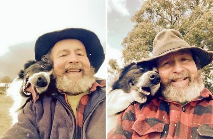 Man with gray beard and hat taking selfies outdoors with his dog, showcasing animals who can take a better selfie than you.