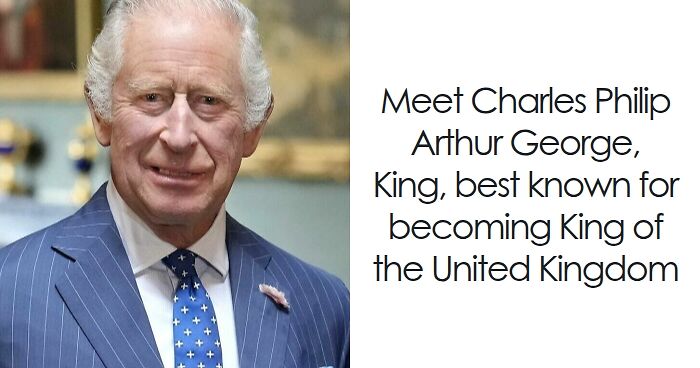 Portrait of Charles III in a blue pinstripe suit and polka dot tie, highlighting key moments in his bio and career.