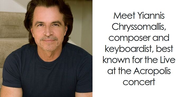 Yanni smiling, seated on stairs, composer and keyboardist known for Live at the Acropolis concert.