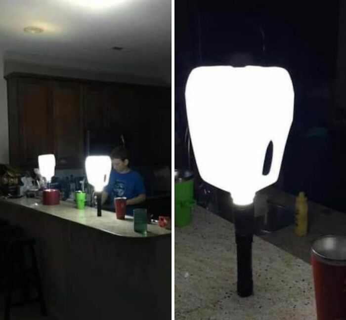 Student uses translucent jugs on flashlights to brighten a room during power outage, showing creative life hacks.