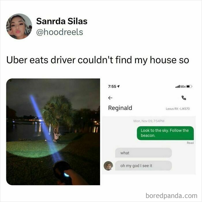 Young adults living interesting lives, using creative ways to guide Uber Eats drivers to their houses at night.
