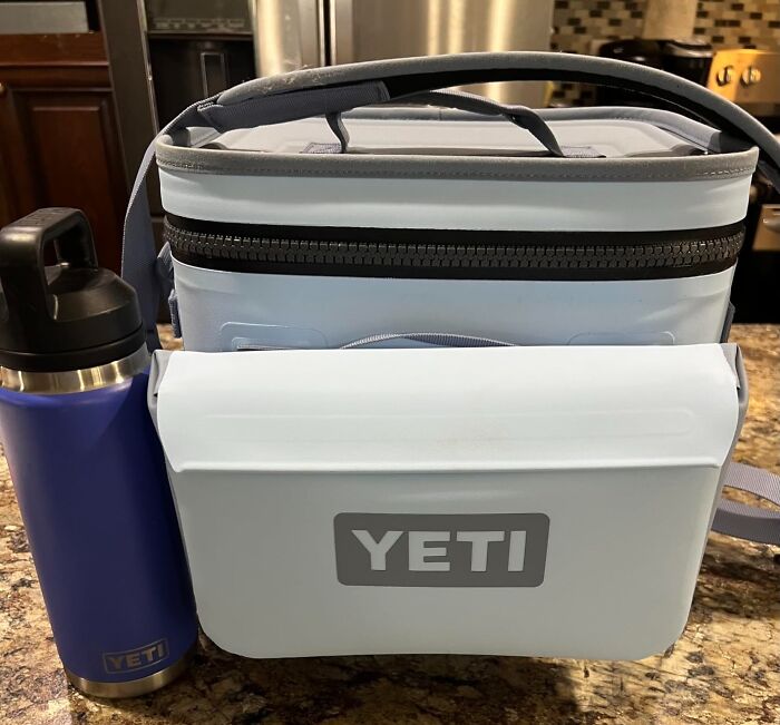 Yeti cooler and insulated drink bottle on kitchen counter, ideal gifts for stress-free holiday shopping.