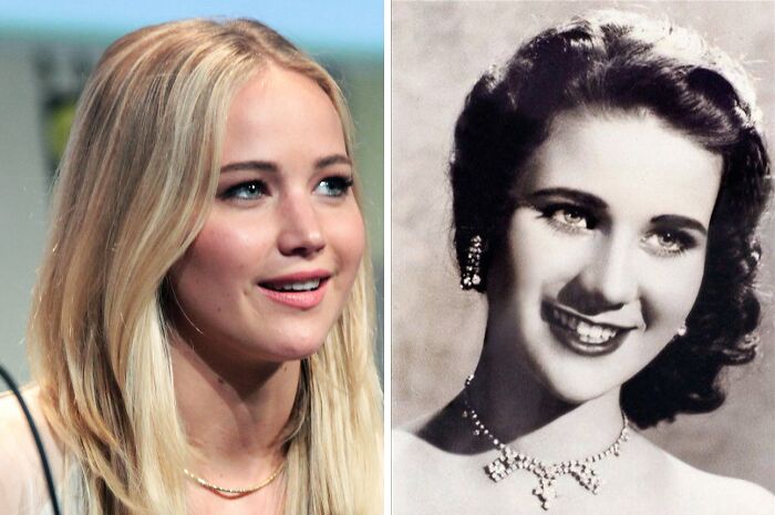 Actress and a vintage lookalike side by side, showcasing striking celebrity lookalikes from the past and present.