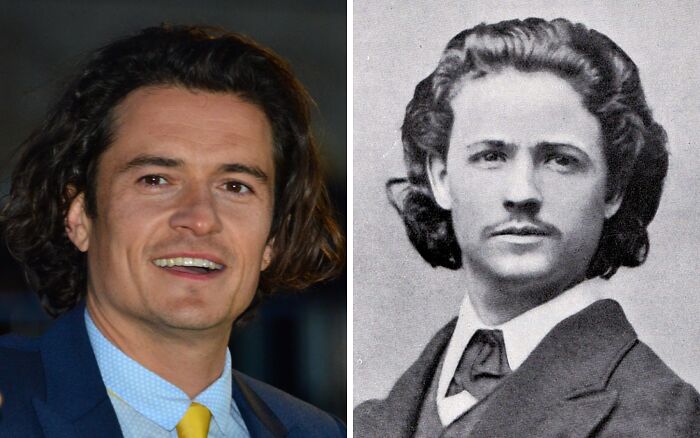 Side-by-side photos of a modern celebrity and his historical lookalike, showcasing celebrity lookalikes from the past.