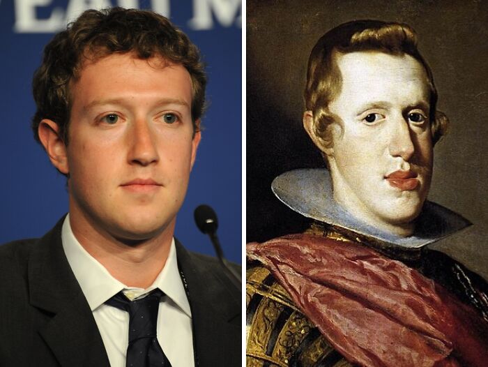 Mark Zuckerberg next to a historical portrait, showcasing celebrity lookalikes from the past in a popular internet trend.
