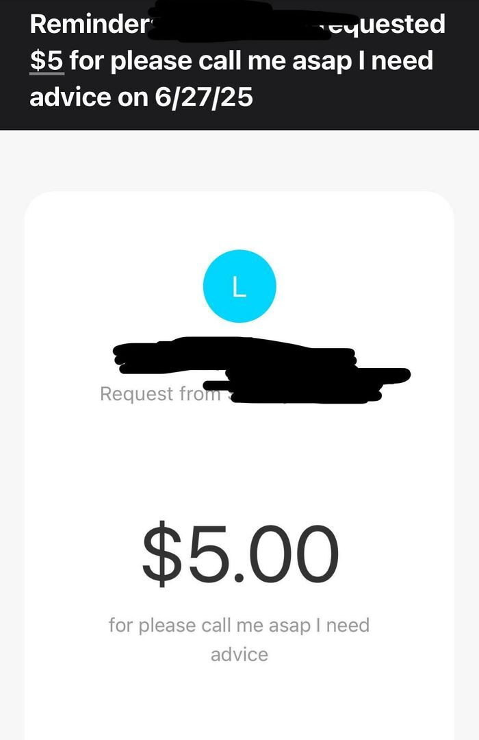 Screenshot of a $5 payment request related to a delusional and crazy online behavior controversy involving a woman.