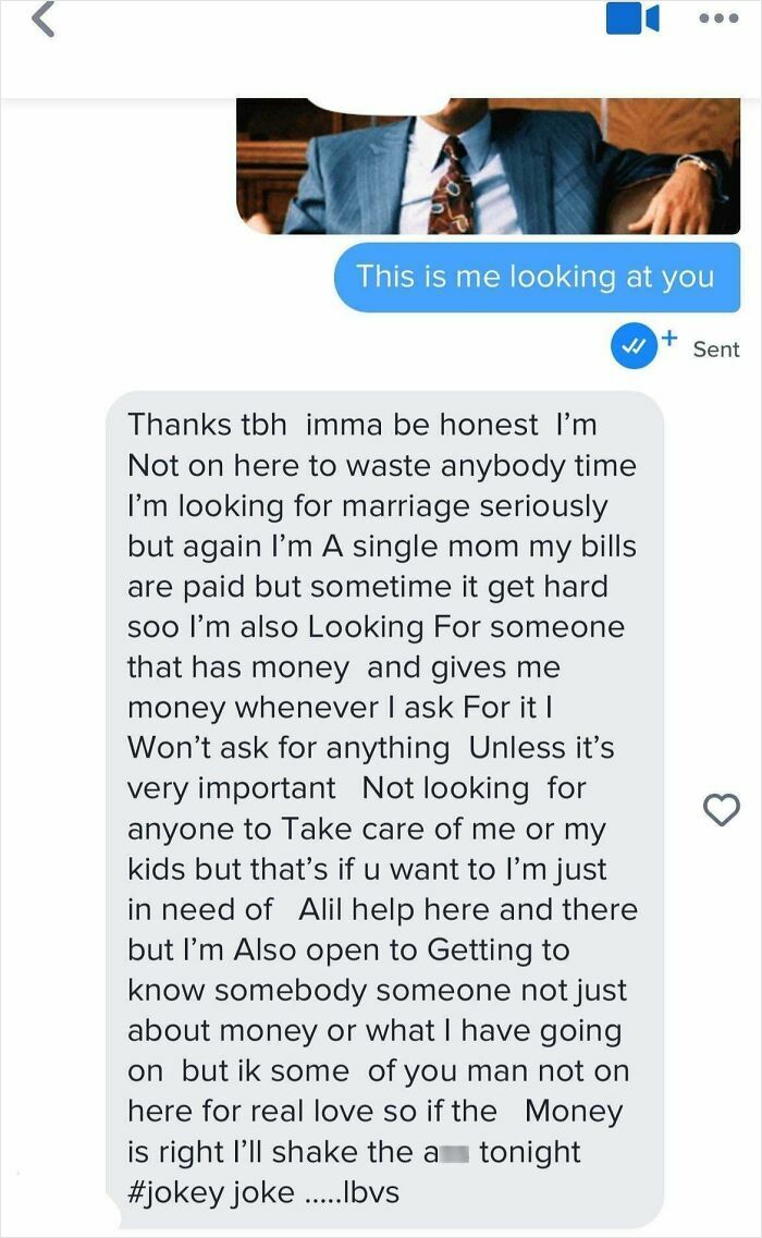 Screenshot of a text conversation showing a woman expressing her views on relationships and money online.