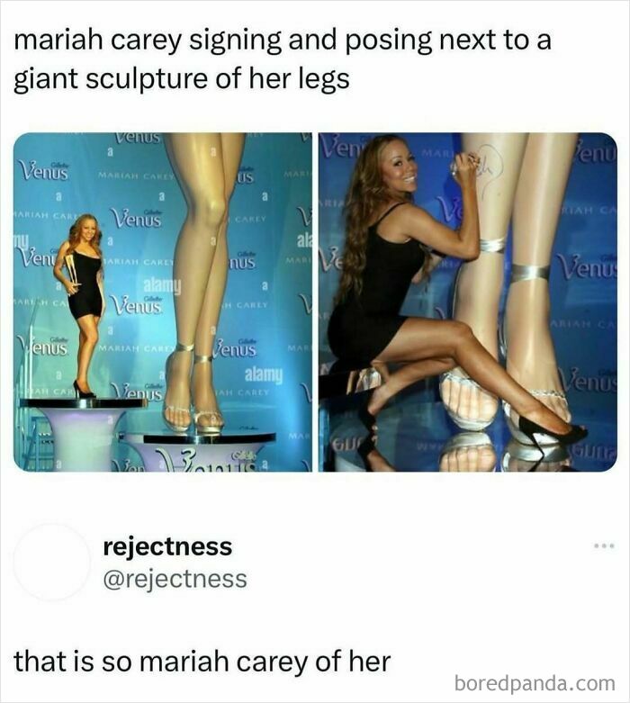 Mariah Carey posing next to a giant sculpture of legs in a fashion and diva life themed meme about makeup.