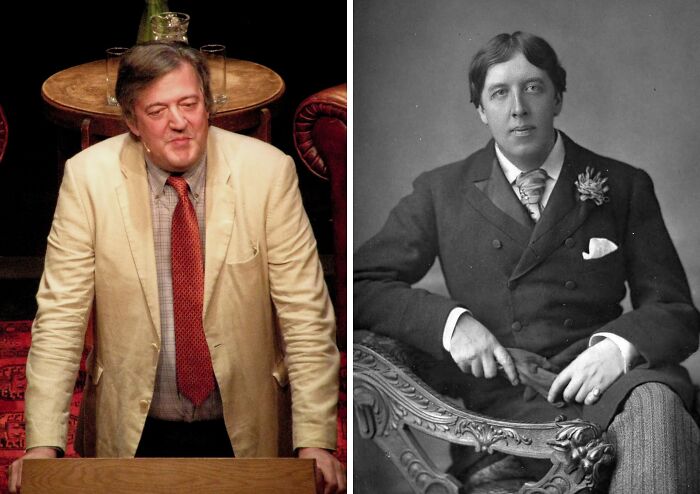 Side-by-side photo of a modern man and a historical figure highlighting celebrity lookalikes from the past.