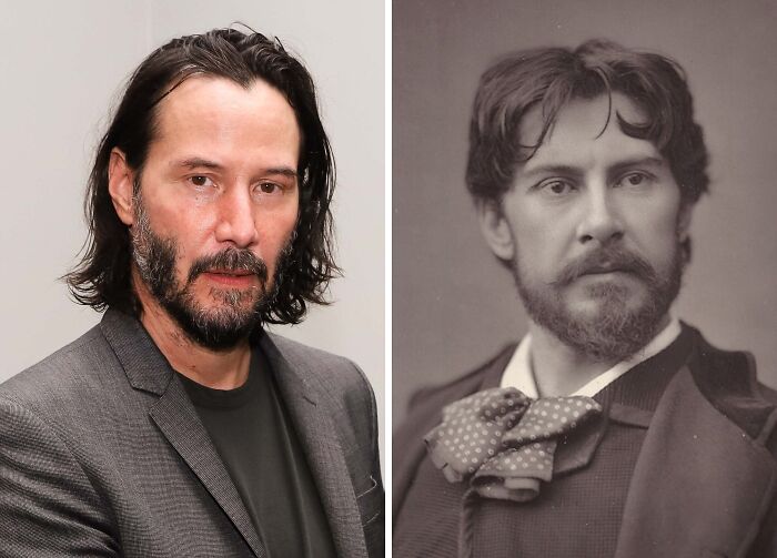 Side-by-side images of a modern celebrity and his historical lookalike, highlighting celebrity lookalikes from the past.
