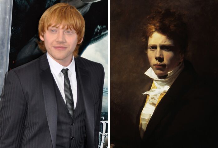 Side-by-side image of a modern celebrity and his historical lookalike showcasing celebrity lookalikes from the past.