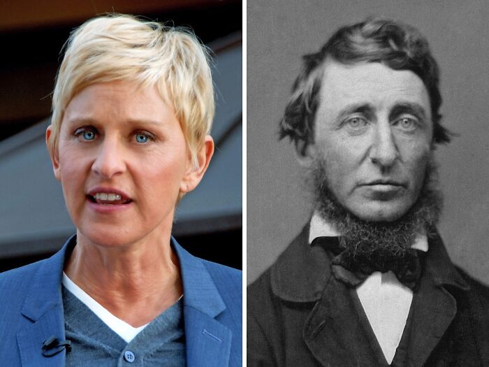 Side-by-side images of a modern celebrity and a historical figure showcasing celebrity lookalikes from the past.