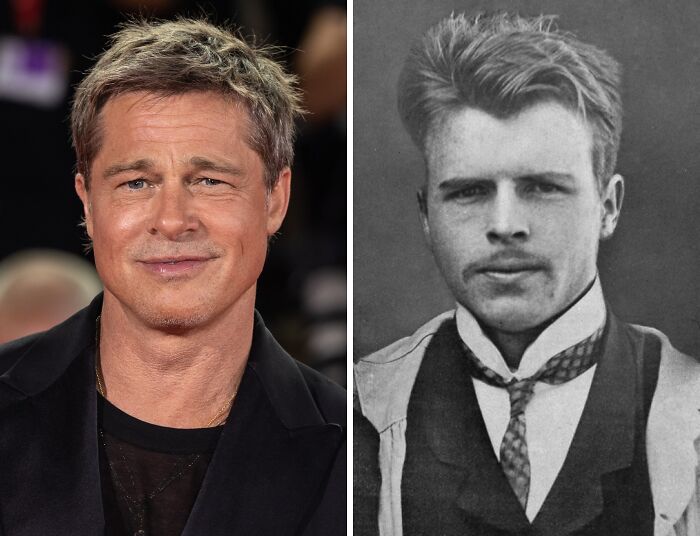 Brad Pitt next to a black and white photo of his historical lookalike showing celebrity lookalikes from the past.