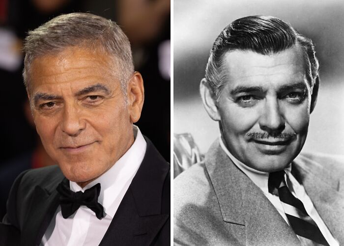 Split image of two celebrities and their lookalikes from the past, showing similarities in appearance and style.