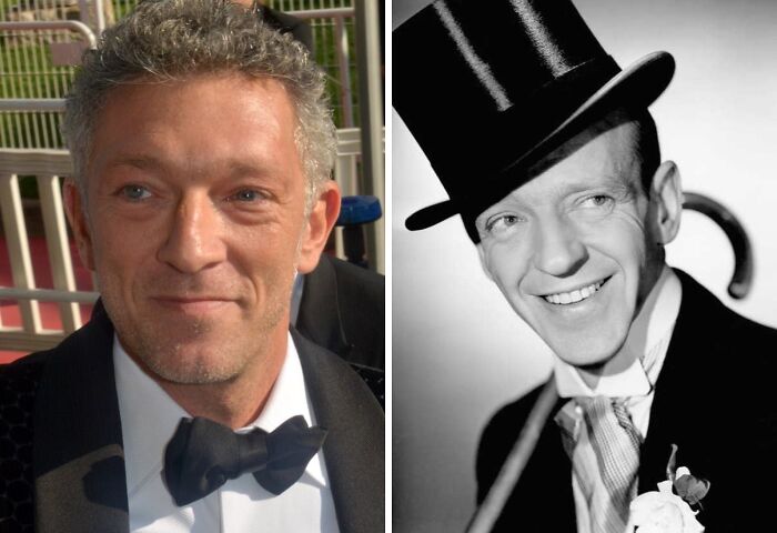 Side-by-side photos of a modern celebrity and a classic black-and-white celebrity lookalike in formal attire, showcasing celebrity lookalikes.