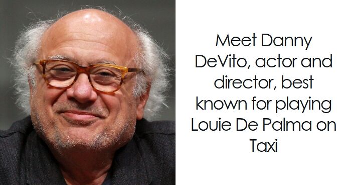 Danny DeVito smiling, wearing glasses, known actor and director with notable career highlights in film and television.