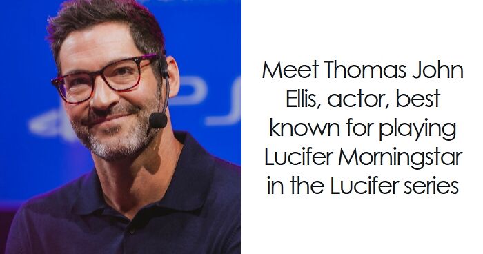 Tom Ellis speaking at an event, wearing glasses and a dark shirt, highlighting his bio and career highlights.
