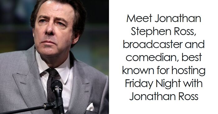 Jonathan Ross speaking at a microphone, wearing a gray suit, related to Jonathan Ross bio and career highlights.