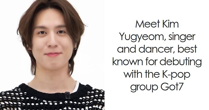 Young man smiling, wearing a black and white sweater, representing Yugyeom with bio and career highlights in K-pop music.