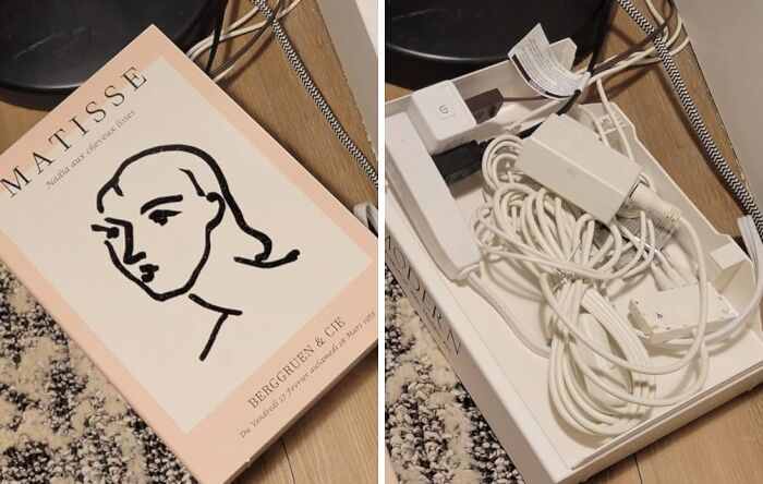 Organized cozy home setup featuring a minimalist art book and neatly arranged electronic cords for a comfortable living space.