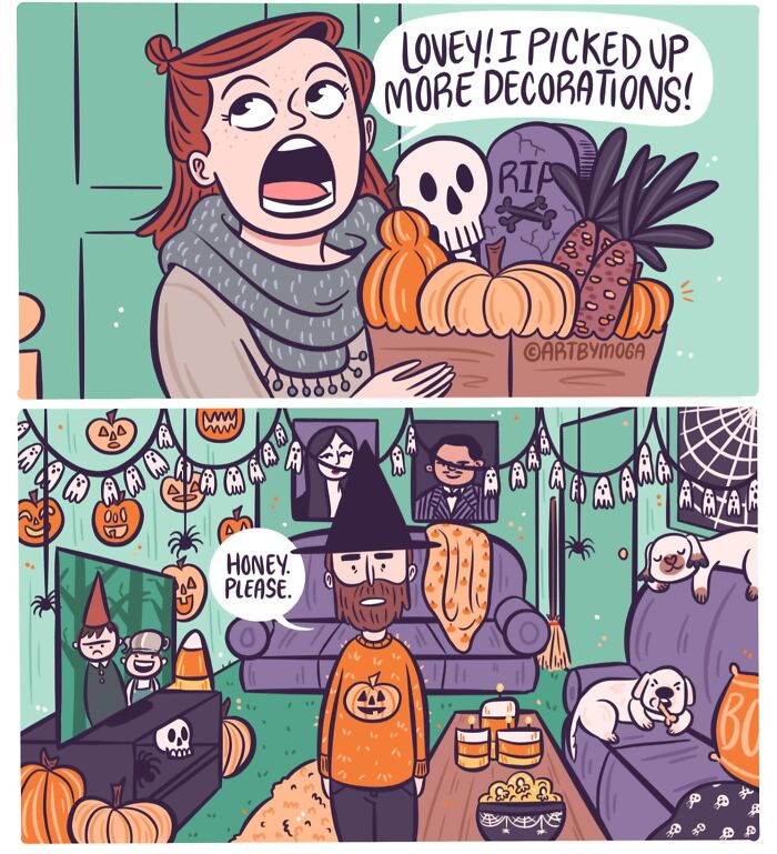 Woman excitedly carrying Halloween decorations while her partner in a pumpkin sweater asks for a break in a cozy living room with pets.